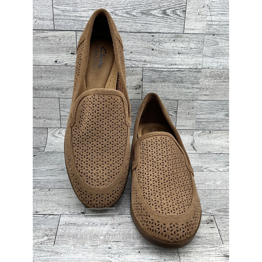 Clarks‎ Collection Women Tan Suede Perforated Loafers Shoes 261817734065 Size 9M